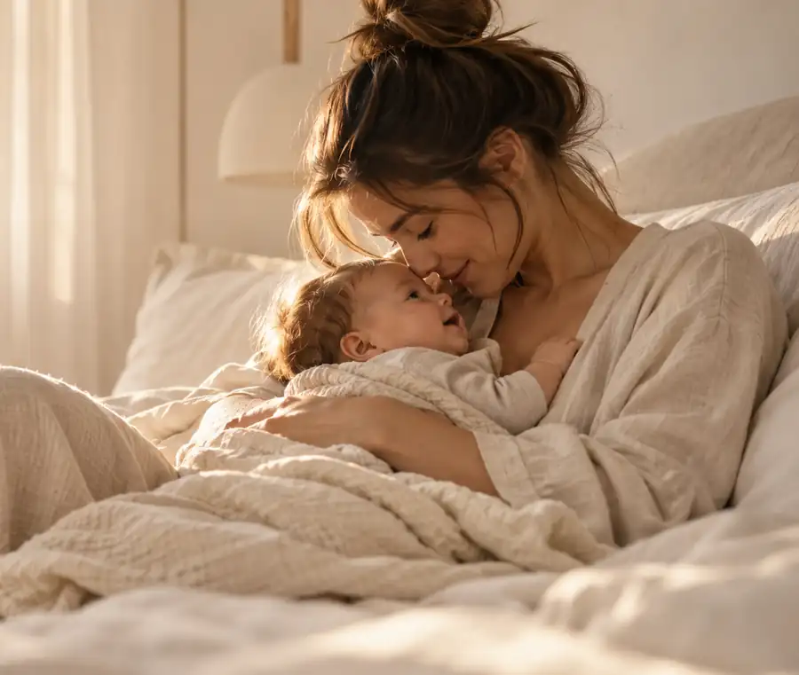 Mother cuddling her baby in bed in soft morning light